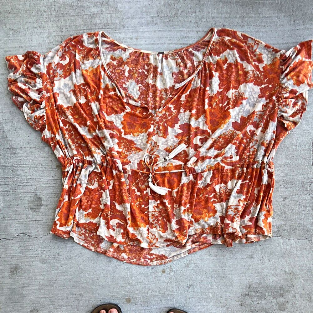 Free People Riverbend Blouse Women Small Floral Peasant Tie Waiste Boho Festival
